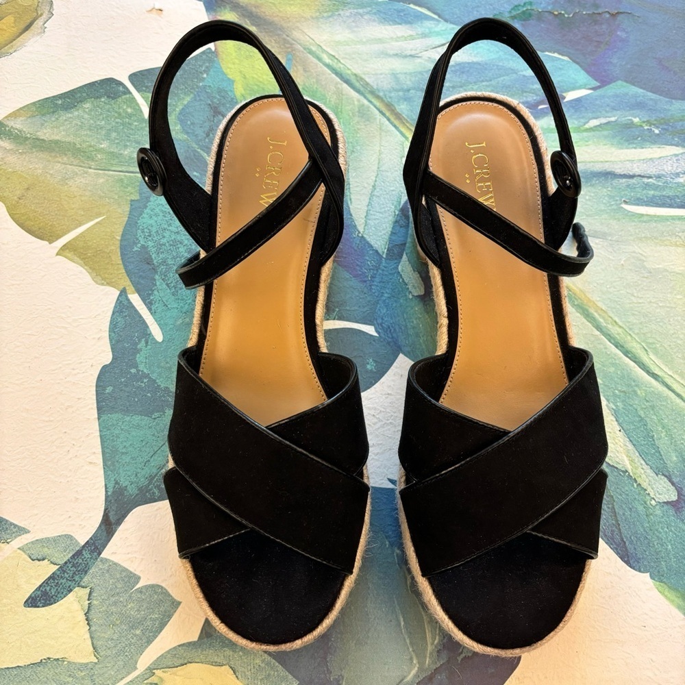 J. CREW Heeled Platform Espadrilles Black Size 11 Faux Suede